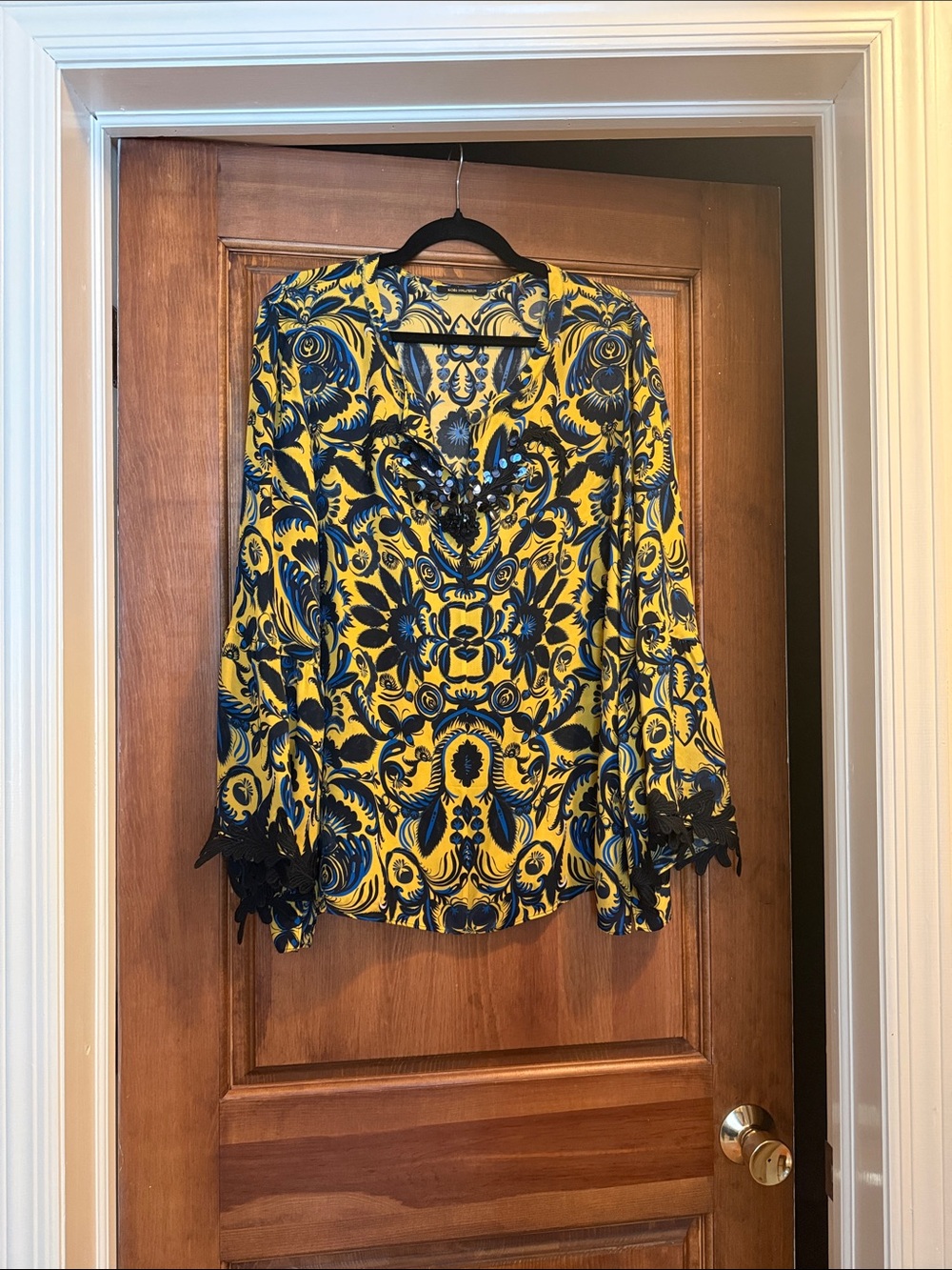 Kobi Halperin Yellow and Navy Embellished V-Neck Blouse